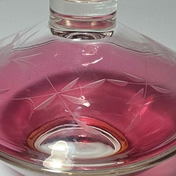 Cranberry Glass Candy Dish Etched Vintage - Picture 4 of 7